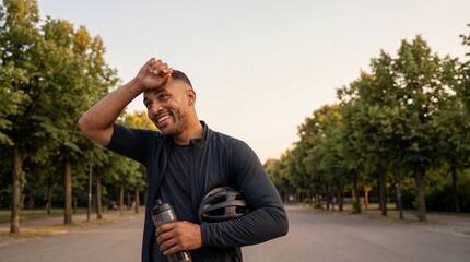 Happy tired male cyclist wiping sweat from his forehead while taking a break after an outdoor workout in a park at sunset.