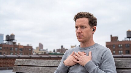 Pensive man with wireless earbuds sits on a city rooftop bench with hands on his chest, listening to a podcast or music.