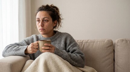 Sad thoughtful woman in a sweater sitting on the sofa at home, holding a mug and looking out the window with a pensive expression.
