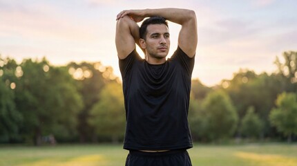 Athletic man in black sportswear stretching arms outdoors in a park during a beautiful sunset warm-up routine before running.