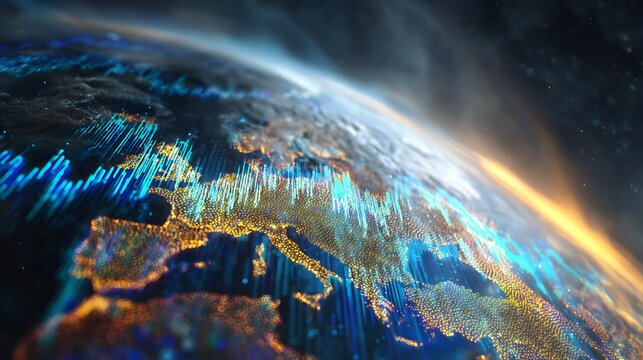 A hologram graph projecting the future of the economy to 2050 emerges from the Earth, showing the future of the economy.