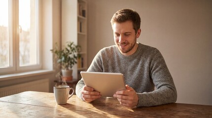 Smiling young man using a digital tablet while sitting at a wooden table with a hot coffee mug in a sunlit living room at home.