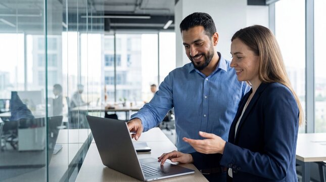 Diverse male and female colleagues collaborating on a project using a laptop in a modern corporate office, smiling and discussing. - Powered by Adobe