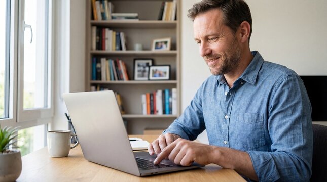 Smiling mature handsome man working on a laptop computer from his home office, sitting at a wooden desk with a bookcase behind.