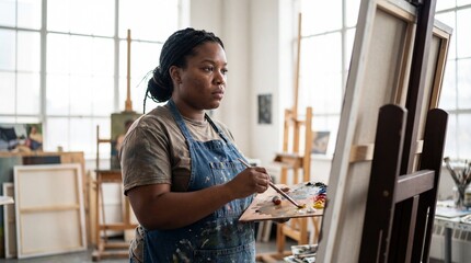 Focused Black female artist in a denim apron mixing oil paints on a palette while working on a canvas at an easel in a bright studio.