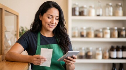 Happy Latina small business owner in a green apron calculating finances with a calculator and receipt inside her charming boutique shop.