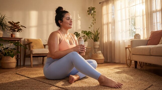 Peaceful plus-size woman relaxing on a yoga mat with a water bottle in a beautiful sunlit living room after a home workout. - Powered by Adobe