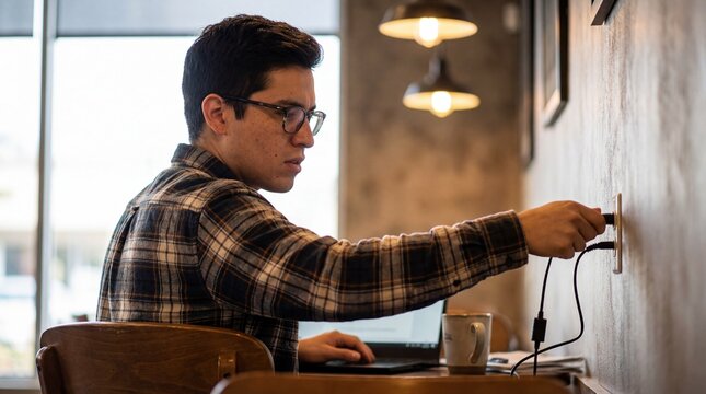 Young male freelancer with glasses plugging a laptop charger into a wall outlet while working remotely in a cozy coffee shop.