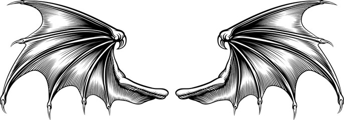 A pair of spread bat dragon, devil, vampire or demon wings drawing in a vintage retro woodcut style
