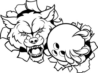 A wolf angry animal sports mascot holding a ten pin bowling ball and breaking through the background with its claws