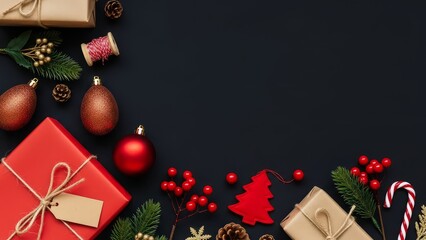 A flat lay composition of Christmas decorations arranged along the left edge of a dark, textured background. Include rustic brown gift boxes tied with twine, vibrant red gift wrapping