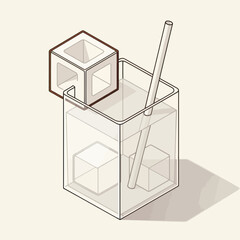 Minimalist Isometric Illustration of a Drink with Ice Cubes and Straw.