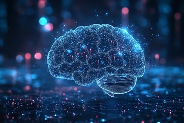 Digital glowing wireframe human brain model floating above a futuristic dark blue technological data surface