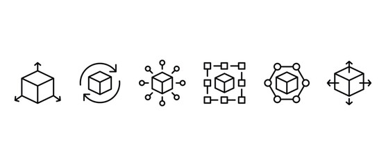 Blockchain linear icon collection. Cube icon set. Set of vector line icons related to cubes. Cubes with simple outline markings on a transparent background. Editable stroke.