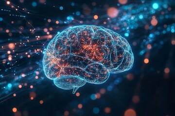 Glowing digital human brain network visualization representing artificial intelligence and complex neural connections