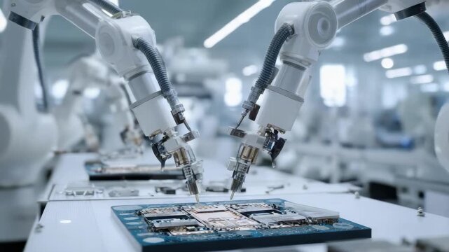 Automated robotic arms assemble and solder a circuit board on an electronics manufacturing line.