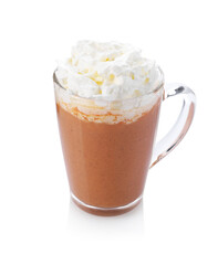 Delicious pumpkin latte with whipped cream in glass cup isolated on white