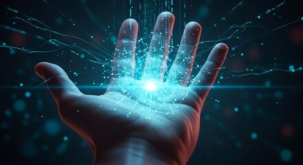 Human hand open palm glowing with bright blue digital data stream and abstract light particles in a dark technological environment concept
