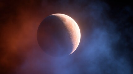 Celestial body partially illuminated in deep space shrouded by colored nebula clouds
