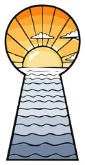 Sunrise keyhole illustration ocean sun clouds
