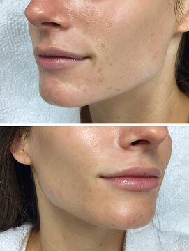 before after,Focus on the area above the lips, before they become dark and uneven, after they become brighter and smoother.