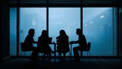 Business team meeting in silhouette against a large window