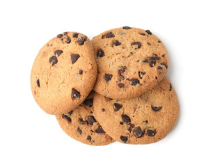 Delicious chocolate chip cookies isolated on white, top view