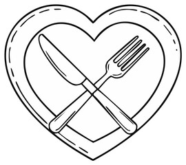 Heart with crossed fork and knife line art. Love food, romantic dinner, or healthy eating concept icon.