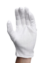Woman in cloth glove on white background, closeup