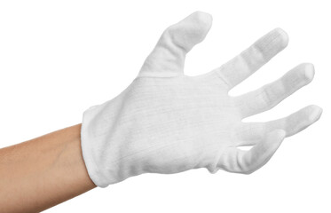 Woman in cloth glove on white background, closeup