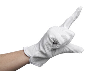 Woman in cloth glove showing size of something on white background, closeup