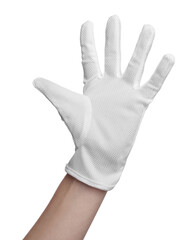 Woman in cloth glove on white background, closeup