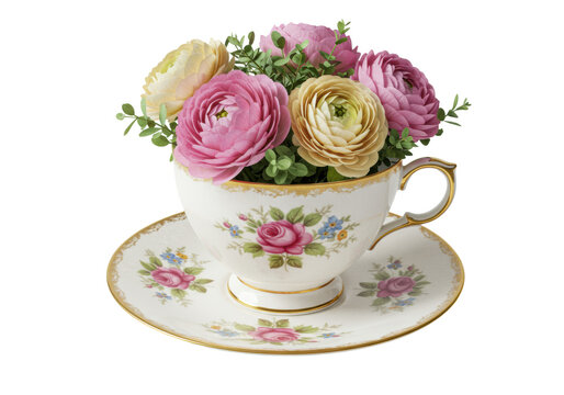 a detailed close-up of a vintage bone china teacup, 24k gold trim, delicate victorian pastel floral patterns, holding lush peony and ranunculus blossoms, isolated on white. concept of luxury high tea