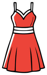Vibrant Red Dress with White Waist Stripes V Neckline and Pleated Skirt Summer Fashion Apparel Illustration