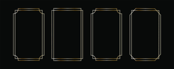 Thin golden frame set. Gold geometric border collection in art deco style. Thin linear shining rectangular shape bundle