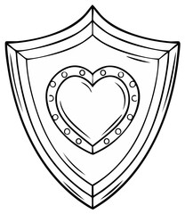 Black and white outline drawing of a medieval shield with a riveted heart symbol for love and protection