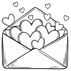 Hand drawn open envelope overflowing with hearts, a black and white love letter illustration for coloring