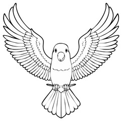 Front view line art illustration of a graceful dove with large outstretched wings flying