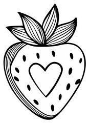 Black and white strawberry illustration with heart-shaped detail