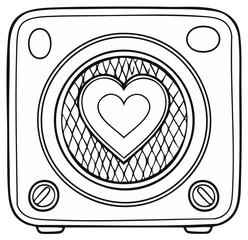 Black and white outline drawing of a classic sound speaker featuring a heart shape love symbol for music