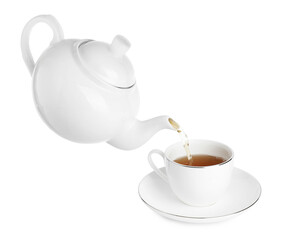 Pouring hot tea into cup from teapot on white background