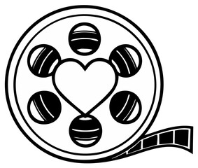 Film reel with heart symbol, black and white vector illustration