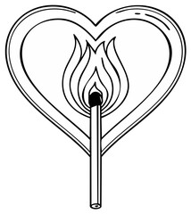 Heart outline embracing a burning matchstick with a glowing flame simple line art illustration