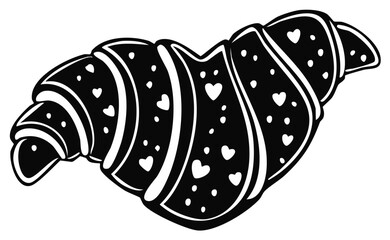 Heart shaped croissant with a romantic heart pattern, black and white vector illustration