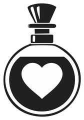 Black and white perfume bottle design with a heart symbol, love concept