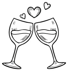 Romantic cheers with two wine glasses and floating hearts artistic sketch drawing