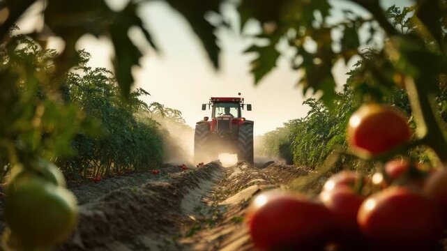 A tractor drives down a dirt row between tomato plants, with ripe red tomatoes in the foreground.