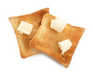 Slices of toasted bread with butter isolated on white, top view