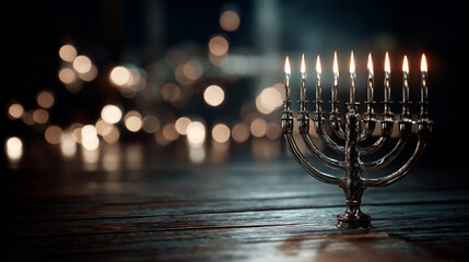Menorah with lit candles displayed on a wooden surface during a festive event in the evening