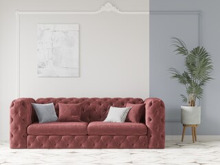 A stylish living room with a tufted rose sofa, soft-toned walls, abstract artwork, and a tall potted plant, creating a refined and cozy modern atmosphere, 3D rendering.